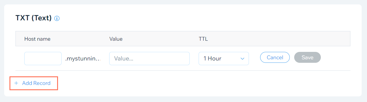 Uma captura de tela mostrando como adicionar registros. Estes exemplos mostram como adicionar um registro TXT.