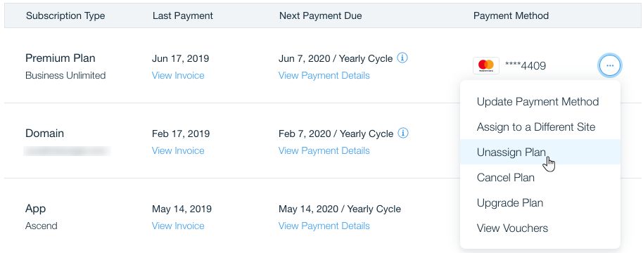 A screenshot showing how to unassign a premium plan from a site in the premium subscriptions section of a Wix account.