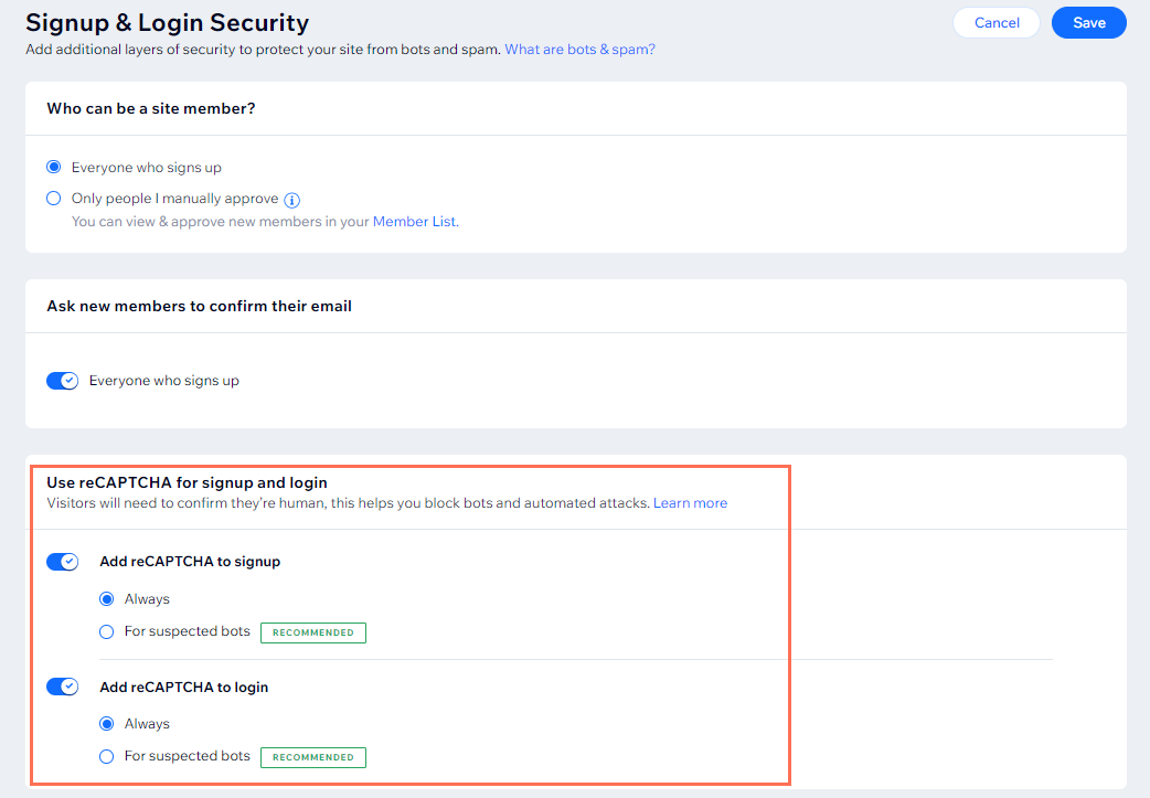 A screenshot showing reCAPTCHA options for signup and login.