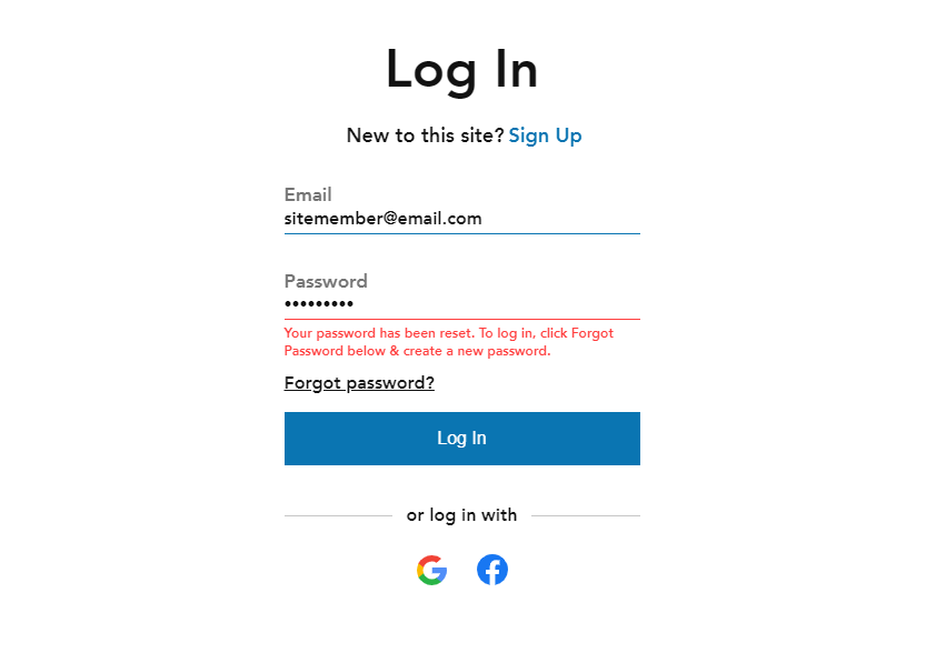 A screenshot of the member login page letting the member know that their password has been reset.