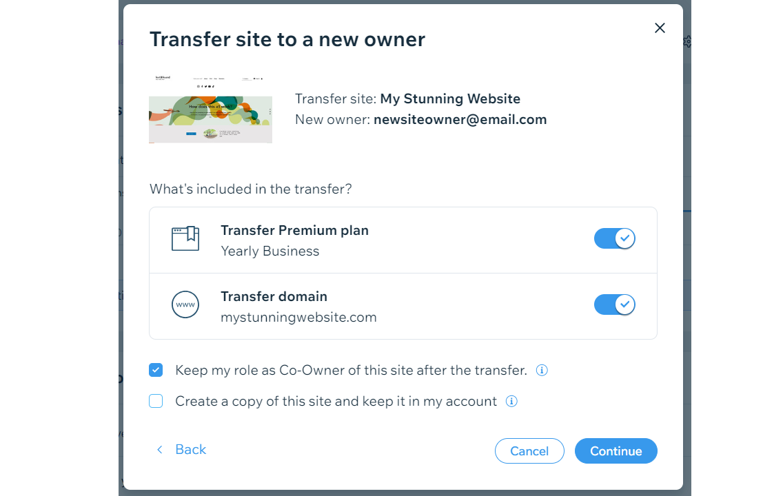 A screenshot showing the options to transfer a yearly plan and domain when transferring a site to a new owner.