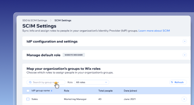 Uma captura de tela da seção de configurações de SCIM de uma conta. Ela mostra opções padrão de gerenciamento de função e atribuição de função.