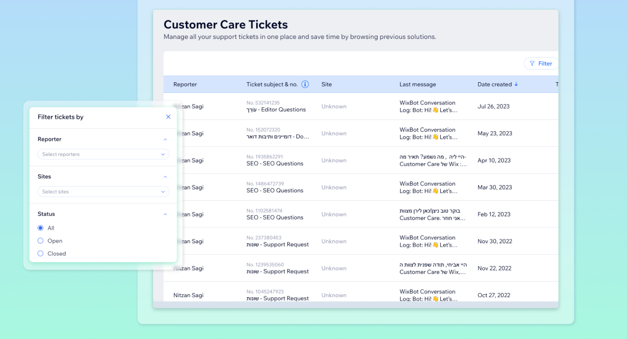 Capture d'écran de la section tickets de l'Assistance du tableau de bord Wix Channels. Les options de filtre sont affichées.