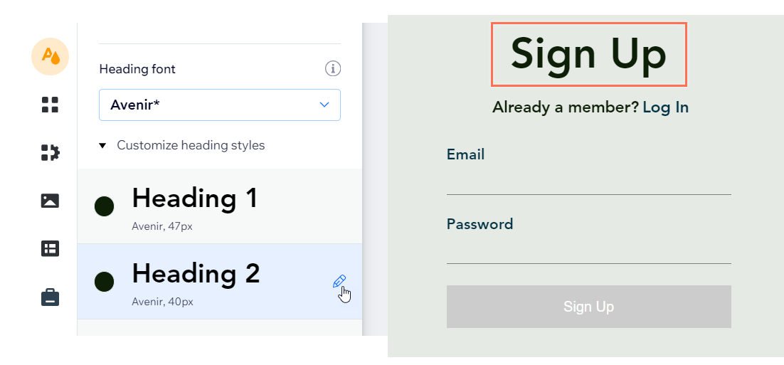 A screenshot of the Heading 2 font in the Wix Editor and the corresponding title text on the members area sign up form.