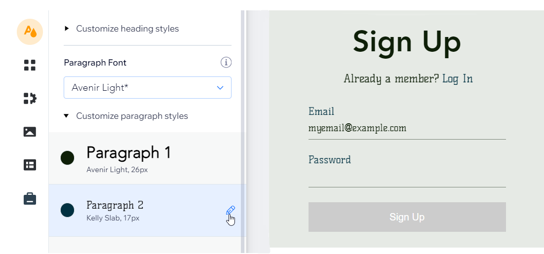 A screenshot of the Paragraph 2 font in the Wix Editor and the corresponding text on the members area sign up form.