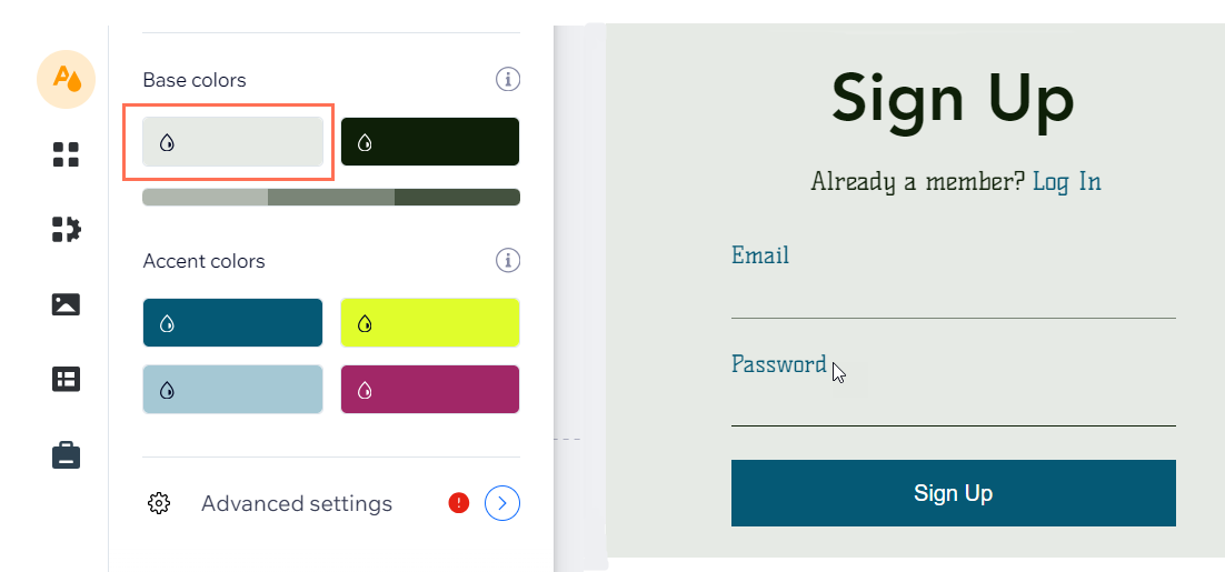 Uma captura de tela das cores de base no Editor Wix e as cores de texto correspondentes no formulário de inscrição na área de membros.