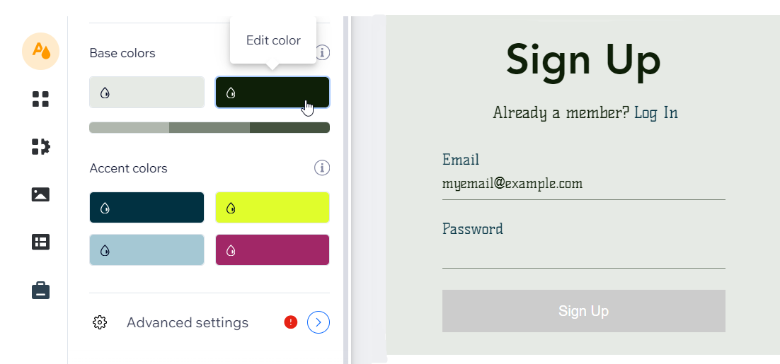 Uma captura de tela das cores de base no Editor Wix e as cores de texto correspondentes no formulário de inscrição na área de membros.