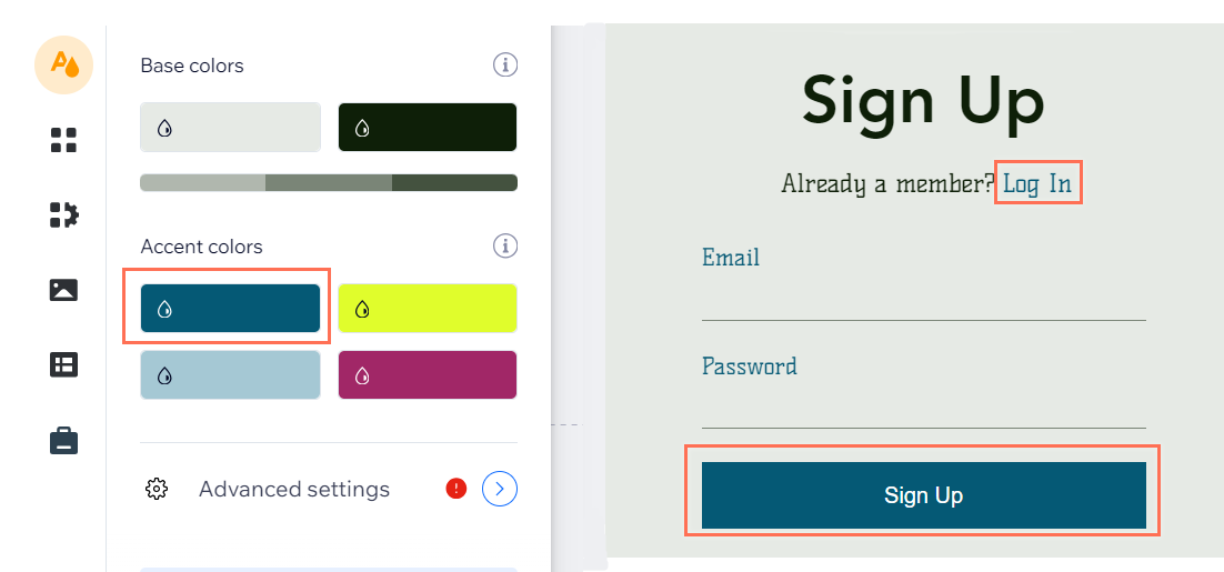 A screenshot of the Accent colors in the Editor and the corresponding button colors on the members area sign up form.