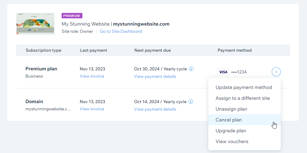 A screenshot of the Premium Subscriptions section of a Wix account. The dropdown shows the Cancel Plan option.