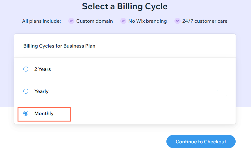 A screenshot highlighting the monthly billing cycle option on the upgrade page.