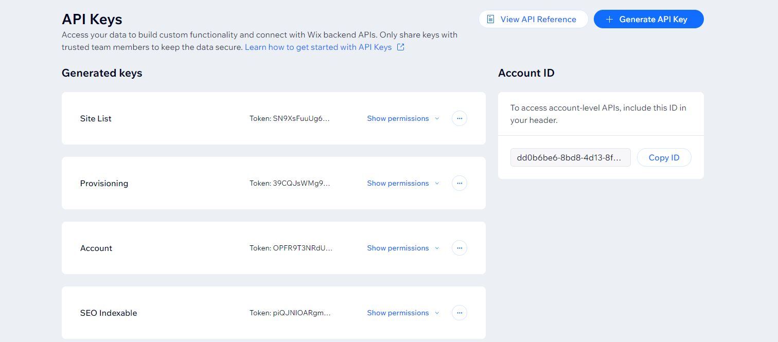 A screenshot of the API keys section of the Wix Channels Dashboard.