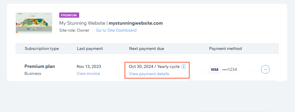 Screenshot of the premium subscriptions section of a Wix account, with the Next Payment Date column highlighted.