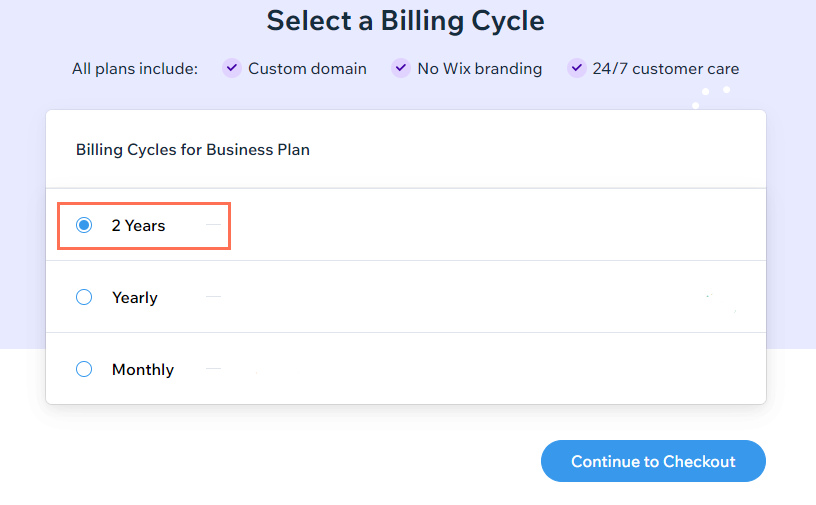 Une capture d'écran mettant en évidence l'option de cycle de facturation de 2 ans sur la page de souscription.