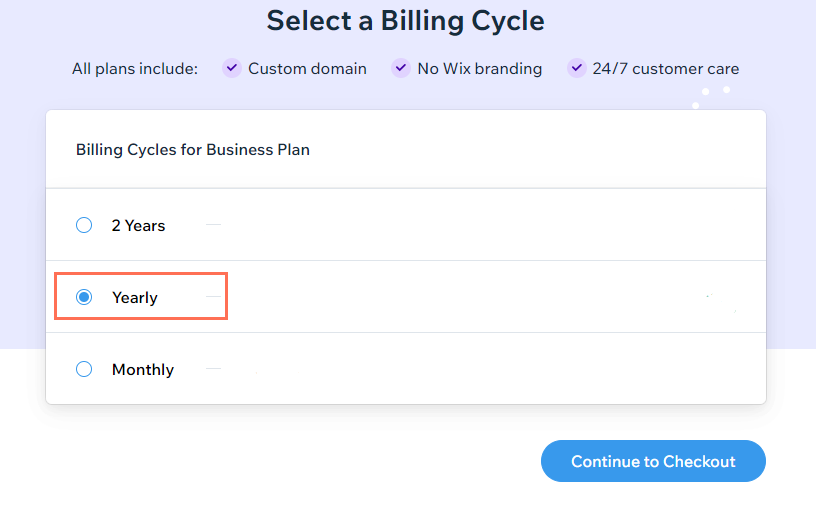 Screenshot che mostra l'opzione del ciclo di fatturazione annuale nella pagina di upgrade