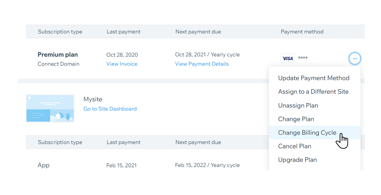 Captura de pantalla que muestra cómo cambiar el ciclo de facturación para un plan Premium de Wix