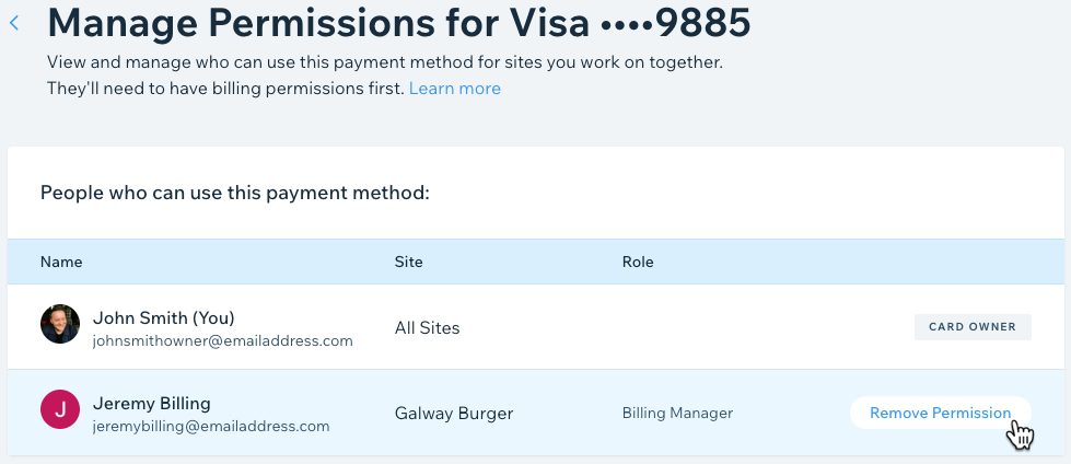 Screenshot of the Wix Manage Payments dashboard. The cursor is over the Remove Permission button on a Billing Manager.