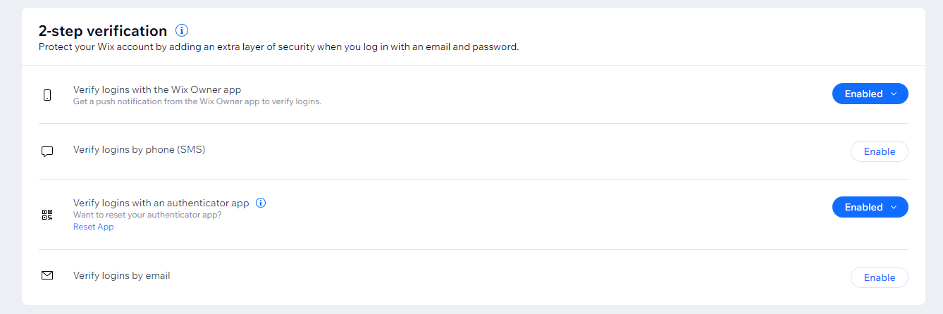 Screenshot che mostra le opzioni di autenticazione a 2 fattori per il tuo account Wix