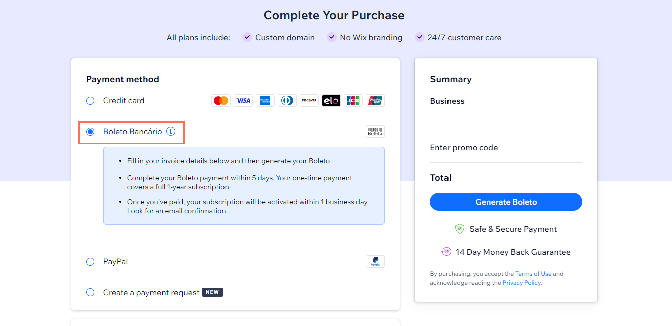 A screenshot showing Boleto as a payment method on the Wix checkout screen.