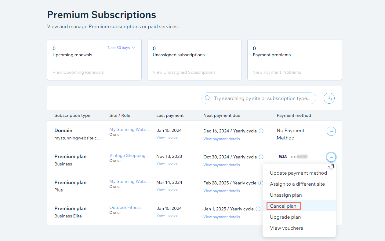 A screenshot of the Premium Subscriptions page. The Cancel plan option in the More Actions menu is highlighted.