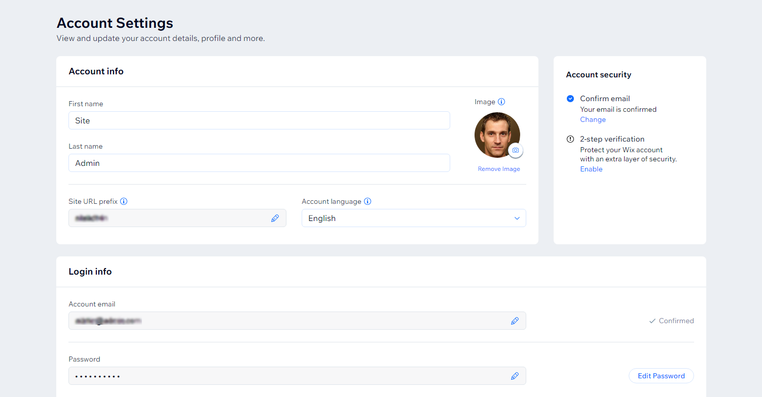 A screenshot of the Account Settings page in your Wix dashboard