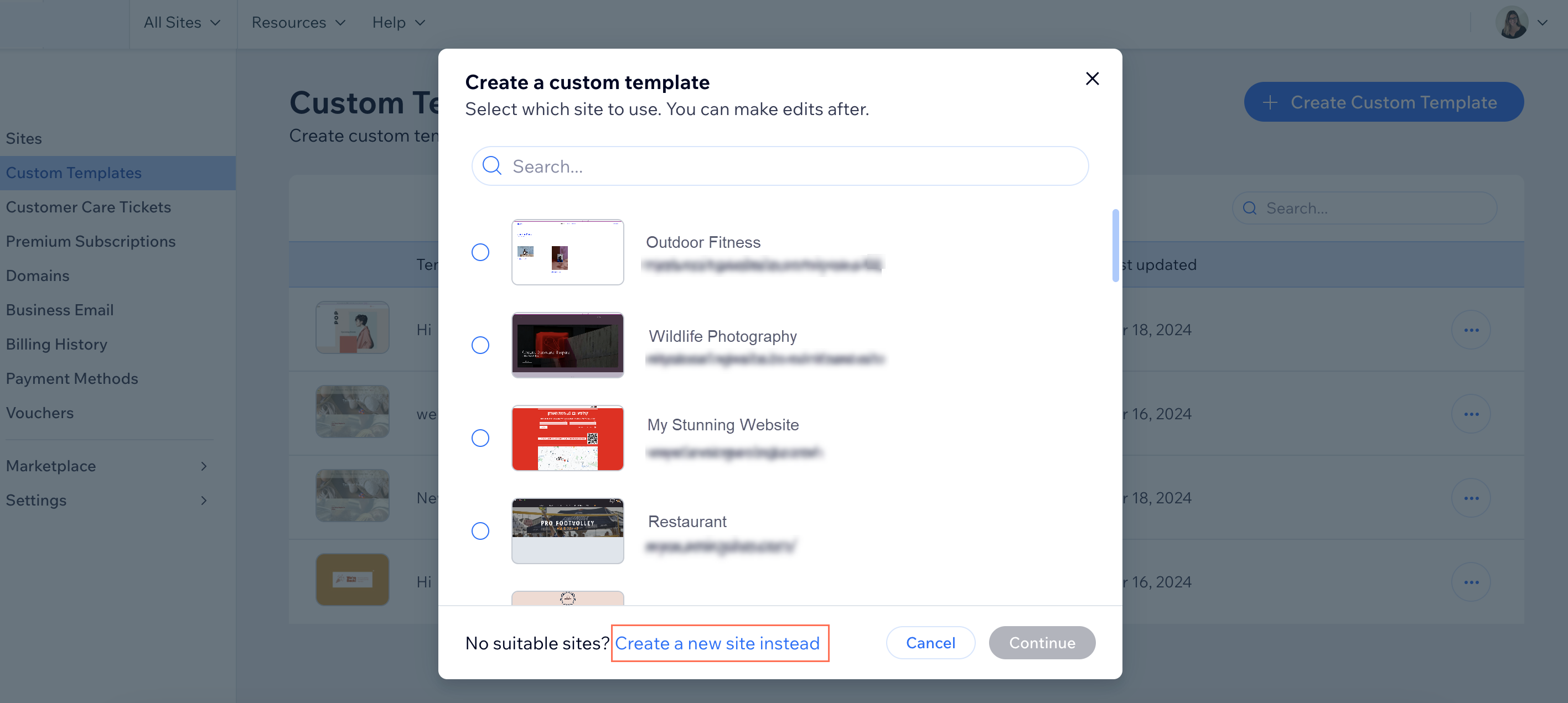 A screenshot showing the option to create a new site for a custom template in Wix Channels Dashboard.