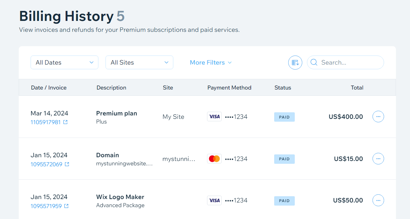 A screenshot of the billing history page in a Wix account showing invoices for payments made to Wix.