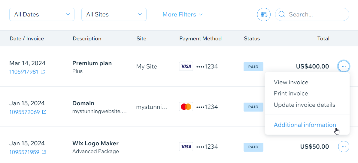 A screenshot showing the Additional information option to view more details about an invoice.