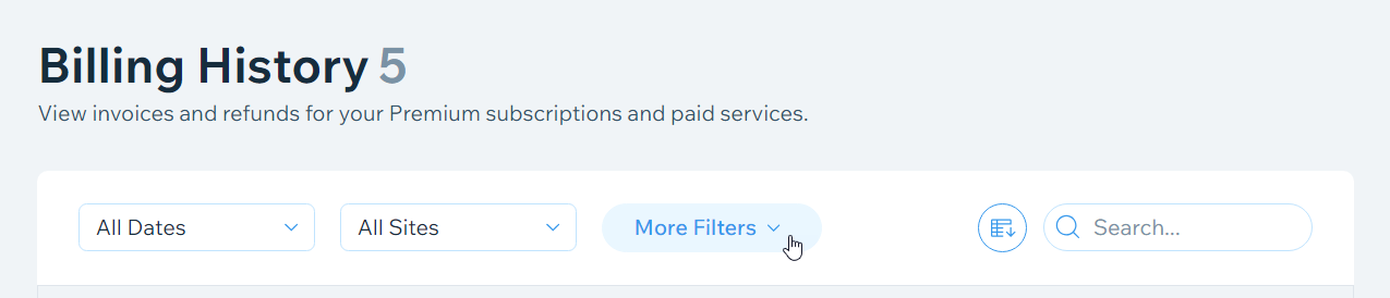 Captura de pantalla que muestra la opción Más filtros en la página del historial de facturación en una cuenta de Wix.