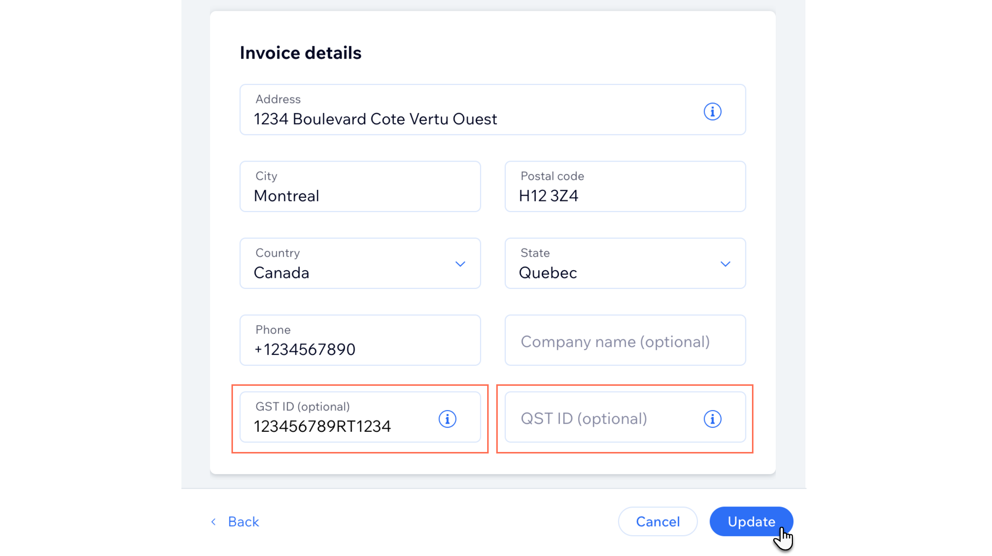 Une capture d'écran montrant où saisir votre numéro d'identification fiscal canadien pour les abonnements Premium dans un compte Wix.