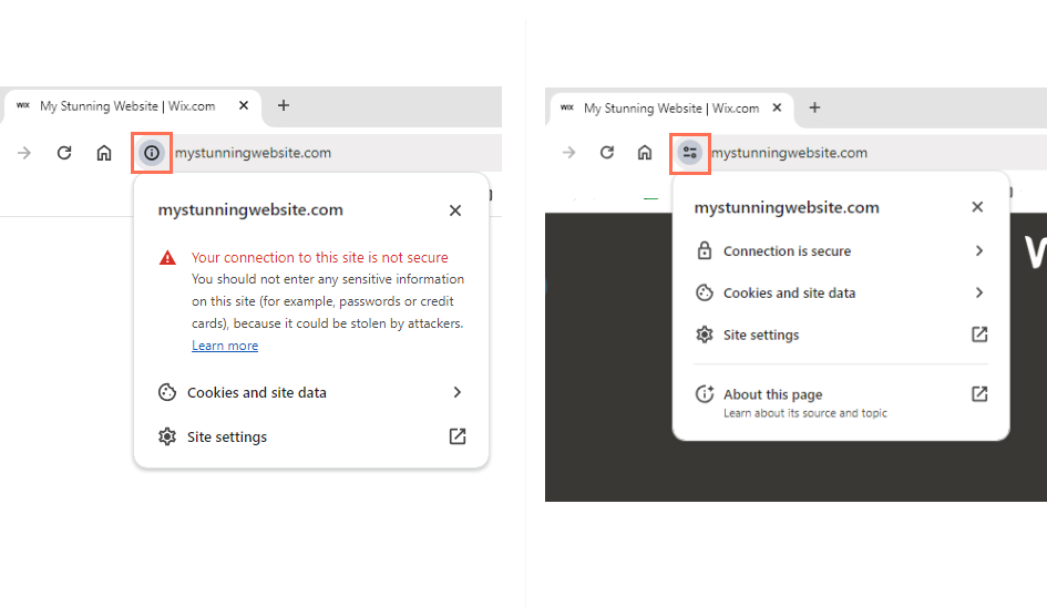 A screenshot comparing 2 sites in a browser. One does not have an SSL certificate and displays a warning. The other is safe.