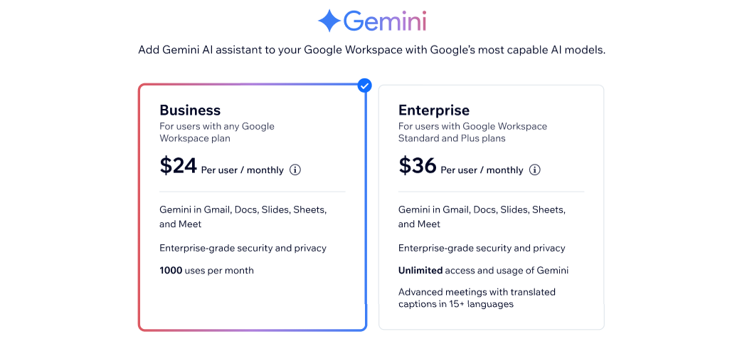 A screenshot of the two Google Gemini packages available to purchase through a Wix account.