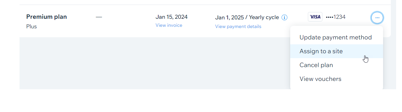 Uma captura de tela mostrando a opção Atribuir a um site para um plano do site na página Assinaturas Premium de uma conta Wix.