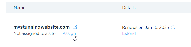 A screenshot showing the Assign button next to an unassigned domain in a Wix account.