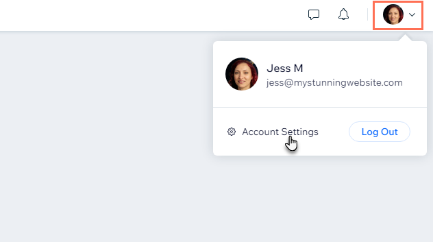 A screenshot showing the Account Settings button from the user panel in a Wix account.