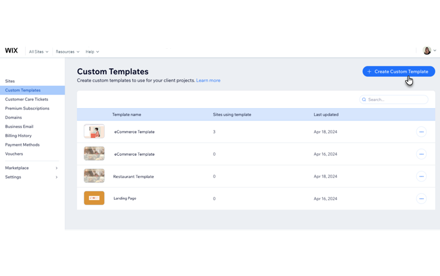 A screenshot showing the Custom Templates tab in the side bar of the Wix Channels dashboard.