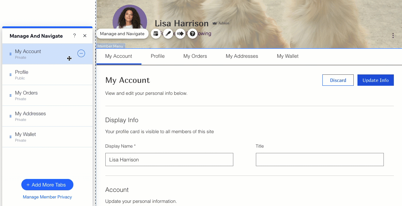 An animation showing how to navigate the members area with the Manage and Navigate button.