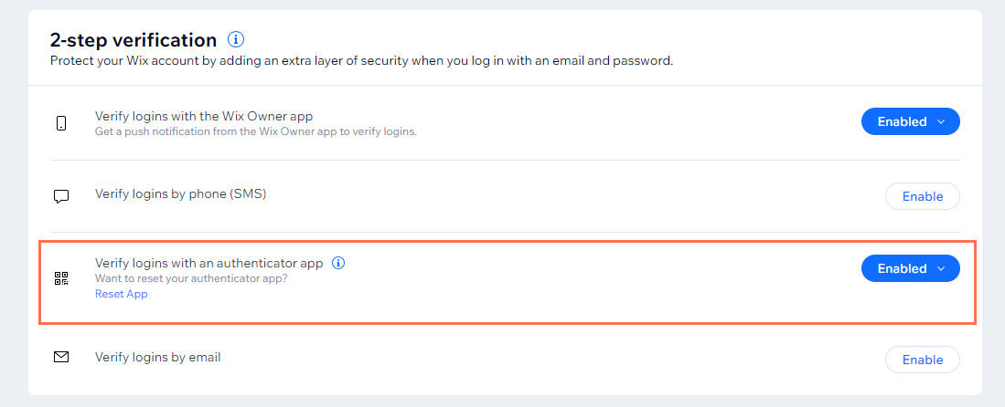 A screenshot showing the 2-step verification options for your Wix account. The authenticator app option is highlighted.