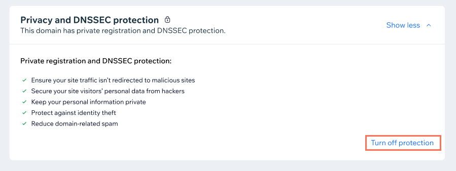 Captura de pantalla de las opciones de protección de privacidad y las DNSSEC en una cuenta de Wix. La opción Desactivar protección está resaltada.