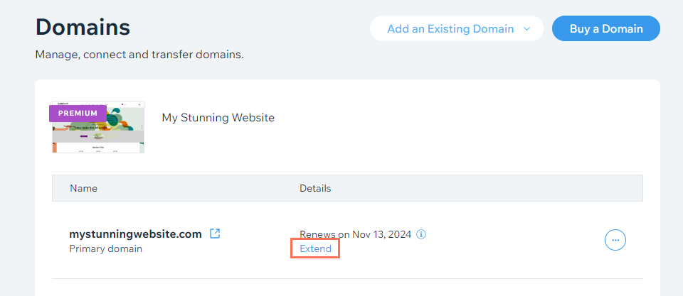 Uma captura de tela da página Domínios em uma conta Wix. A opção de estender o registro do domínio está destacada.