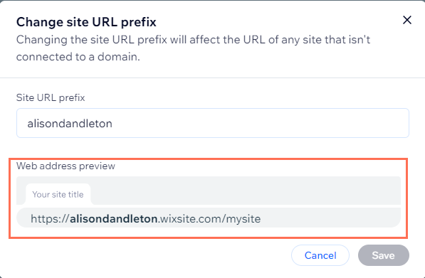 Capture d'écran de l'option dans les paramètres du compte Wix pour modifier le préfixe d'URL du site pour un site Wix gratuit.