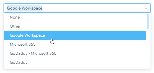 A screenshot of the MX records dropdown showing the Google Workspace option selected.