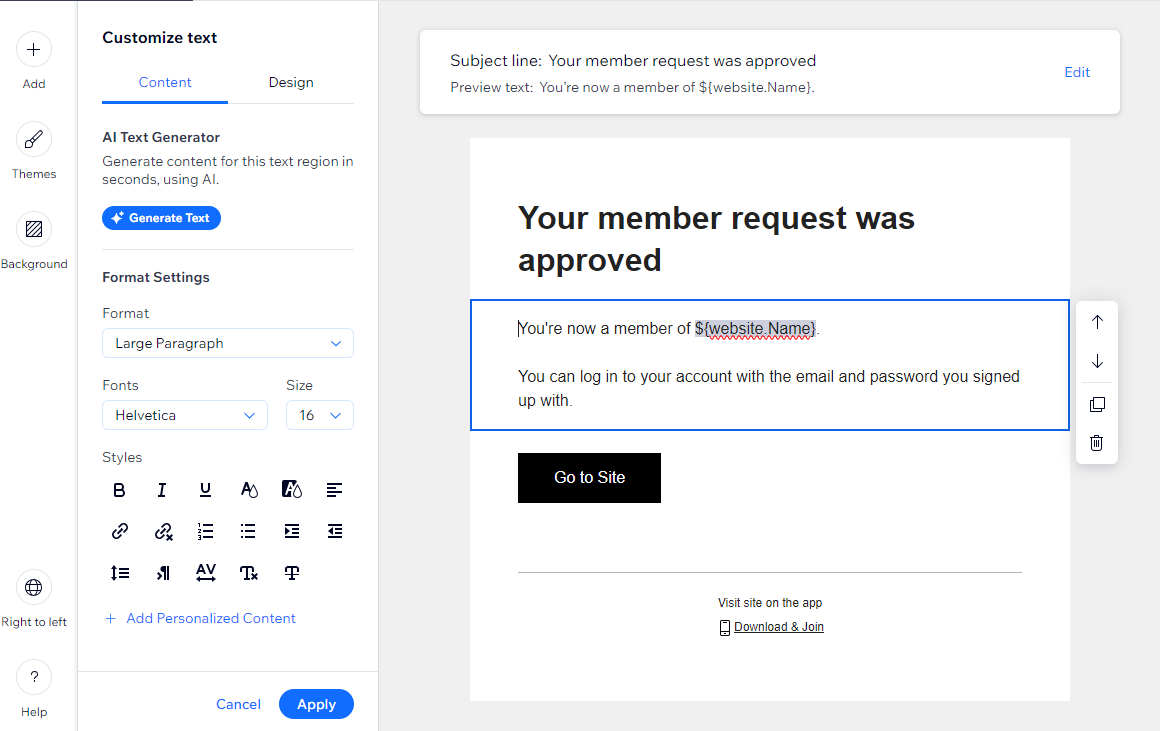 A screenshot showing the editing of an template for members area approval emails.