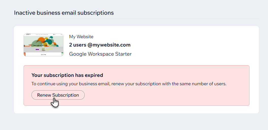 Bir Wix hesabındaki yenileme seçeneğini gösteren etkin olmayan bir Google Workspace aboneliğinin ekran görüntüsü.