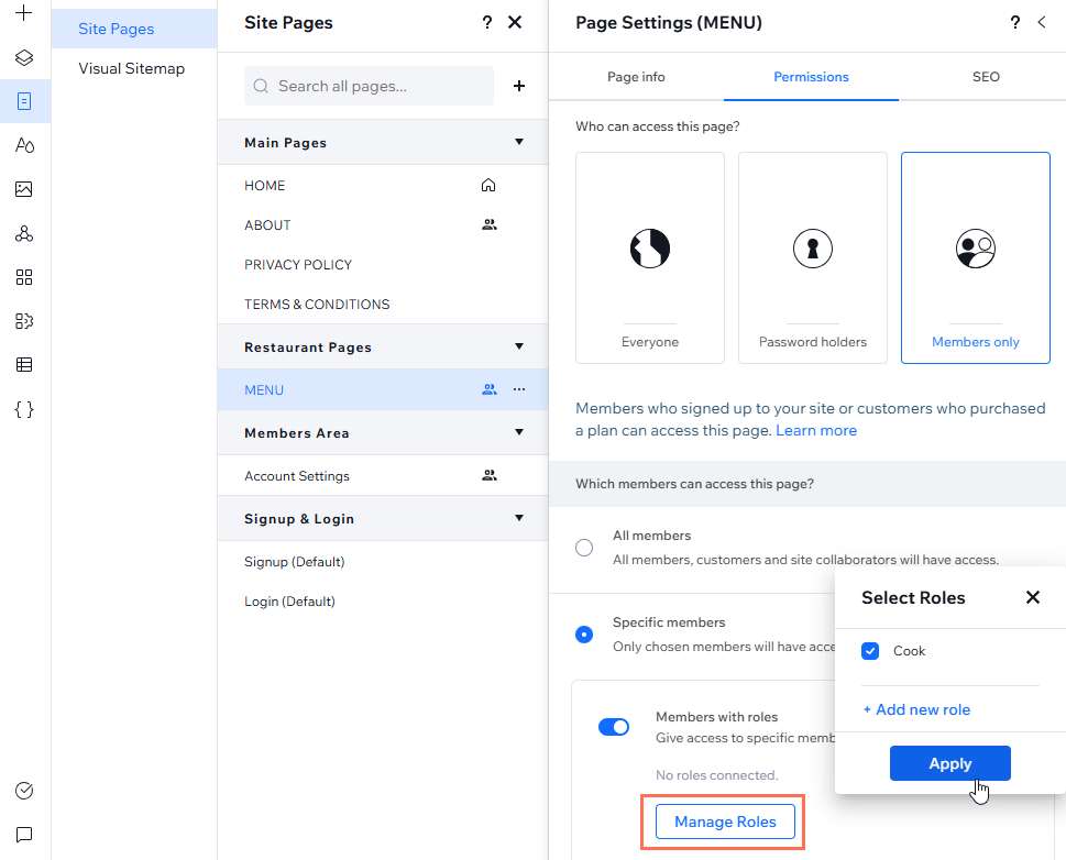 Changing a page's permissions to Members only in the Studio Editor, limited to a custom role