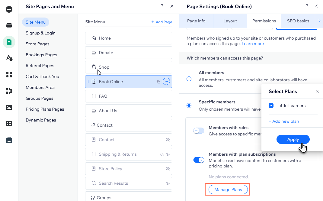 Alterando as permissões de uma página para Apenas membros no Editor Wix, limitada a 2 planos pagos específicos