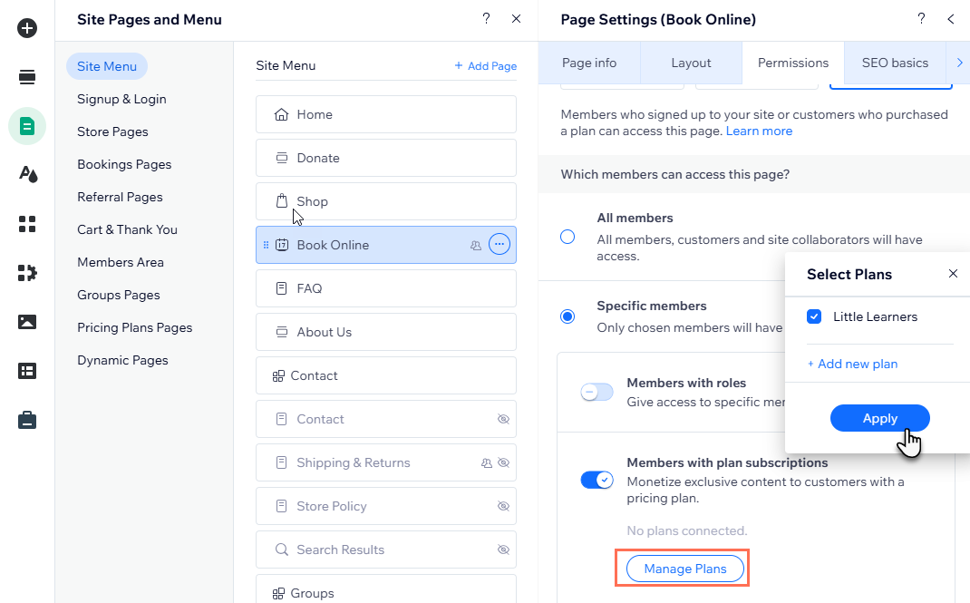 Changing a page's permissions to Members only in the Wix Editor, limited to 2 specific pricing plans