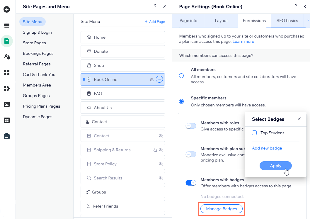 Alterando as permissões de uma página para Apenas membros no Editor Wix, limitada a um selo específico