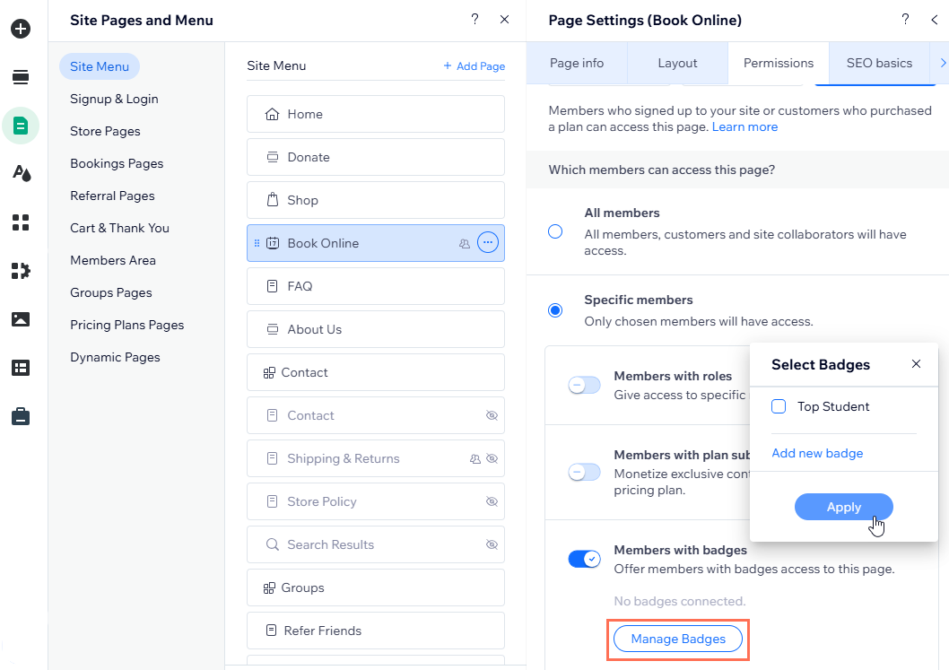 Changing a page's permissions to Members only in the Wix Editor, limited to a specific badge