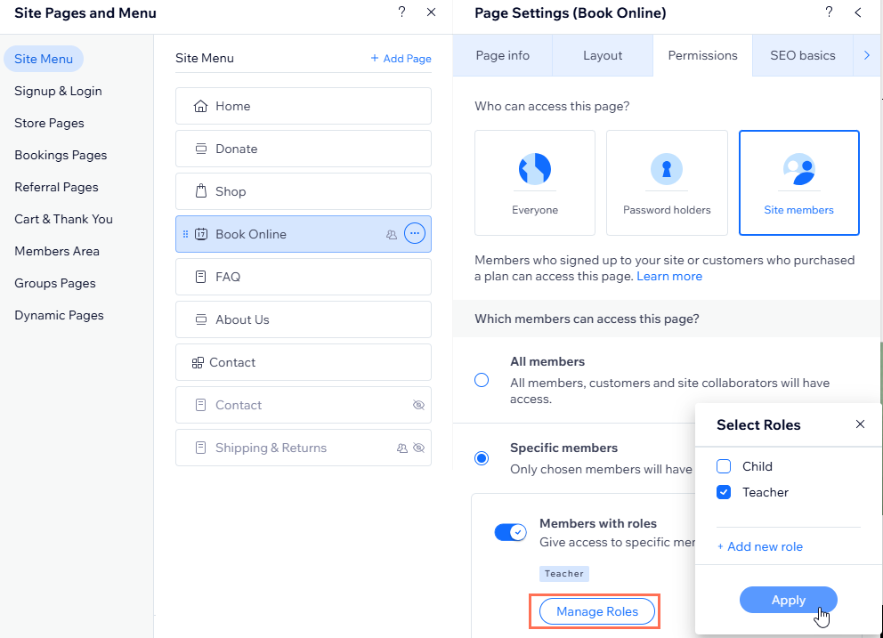 Uma captura de tela mostrando como alterar as permissões de uma página apenas para membros no Editor Wix, limitada a uma função personalizada
