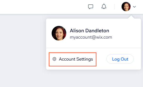 A screenshot showing how to access Account Settings in a Wix account to change the language.